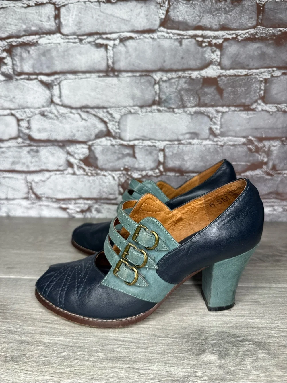re-mix vintage Aviator 1930’s Blue Leather Peep Toe Heels Women Sz 6.5M US/37EU